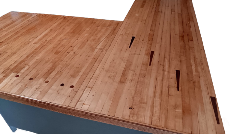 Countertop created from bowling lane wood.