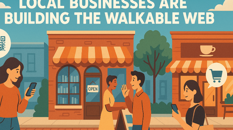 Illustration of people walking with smart phones past main street businesses.