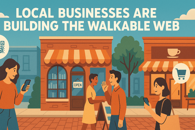 Illustration of people walking with smart phones past main street businesses.