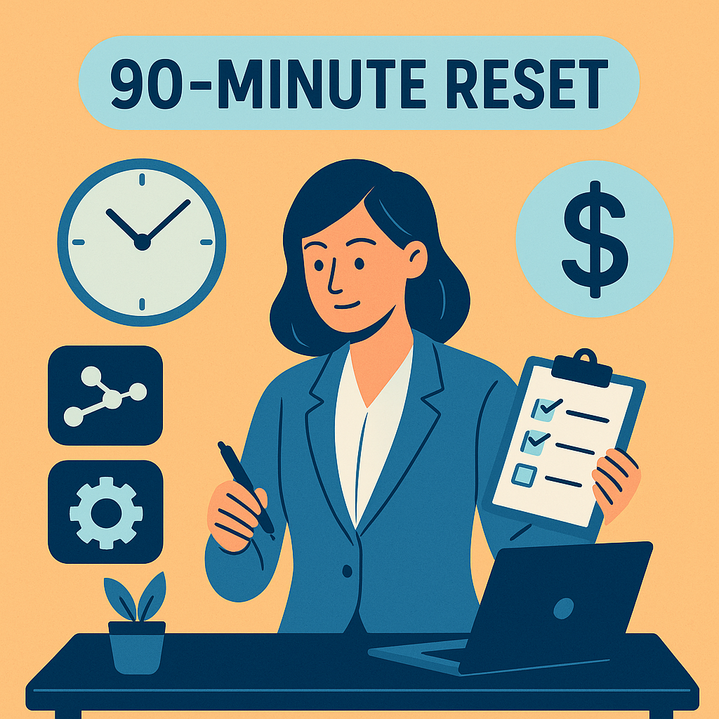 90-Minute Reset with woman holding a clipboard surrounded by icons.