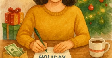 A woman filling out a holiday budget surrounded by a Christmas tree and presents.