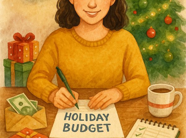 A woman filling out a holiday budget surrounded by a Christmas tree and presents.
