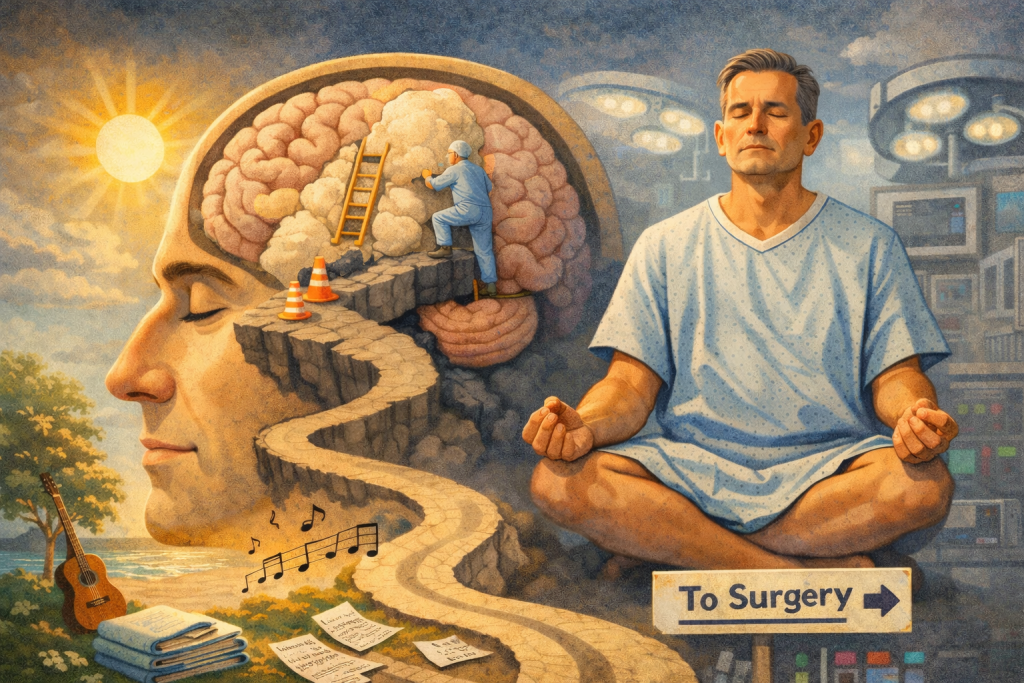 A man meditating in front of a surreal scene.