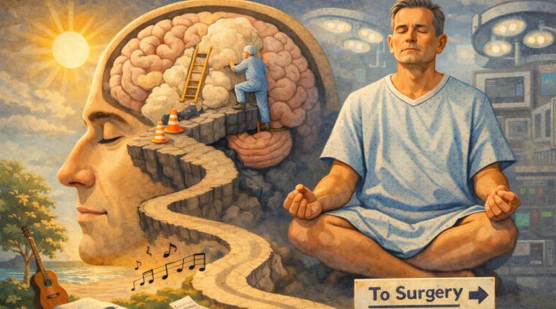 A man meditating in front of a surreal scene.
