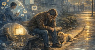A man sitting on a bench surrounded by himself in different bubbles of thought doing different activities.
