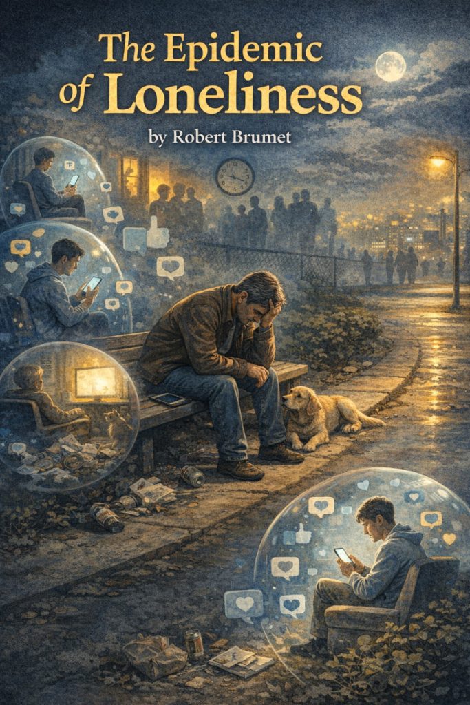 A man sitting on a bench surrounded by himself in different bubbles of thought doing different activities.