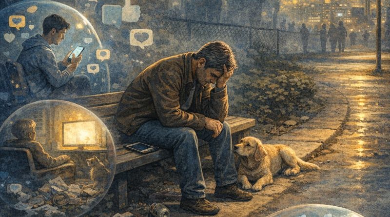 A man sitting on a bench surrounded by himself in different bubbles of thought doing different activities.