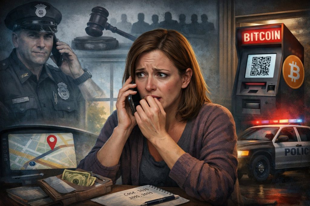 A woman holds a phone to her ear with a worried look surrounded by images of police, a gavel and jury, and a bitcoin machine and navigation map.