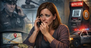 A woman holds a phone to her ear with a worried look surrounded by images of police, a gavel and jury, and a bitcoin machine and navigation map.