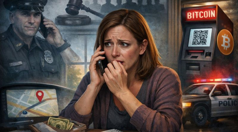 A woman holds a phone to her ear with a worried look surrounded by images of police, a gavel and jury, and a bitcoin machine and navigation map.