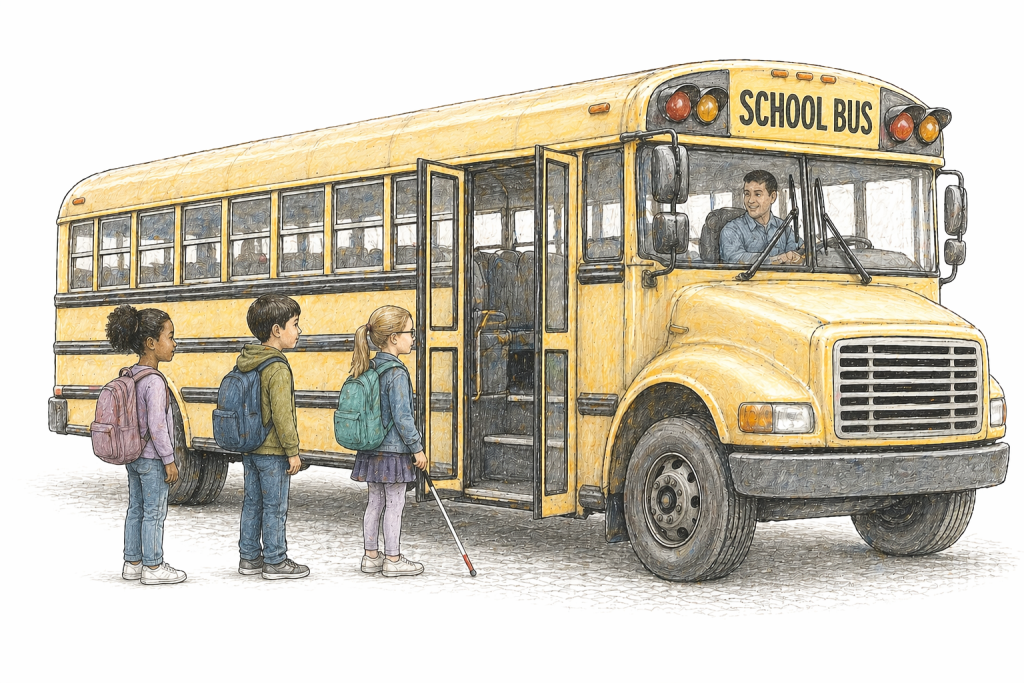 school bus picking up children.