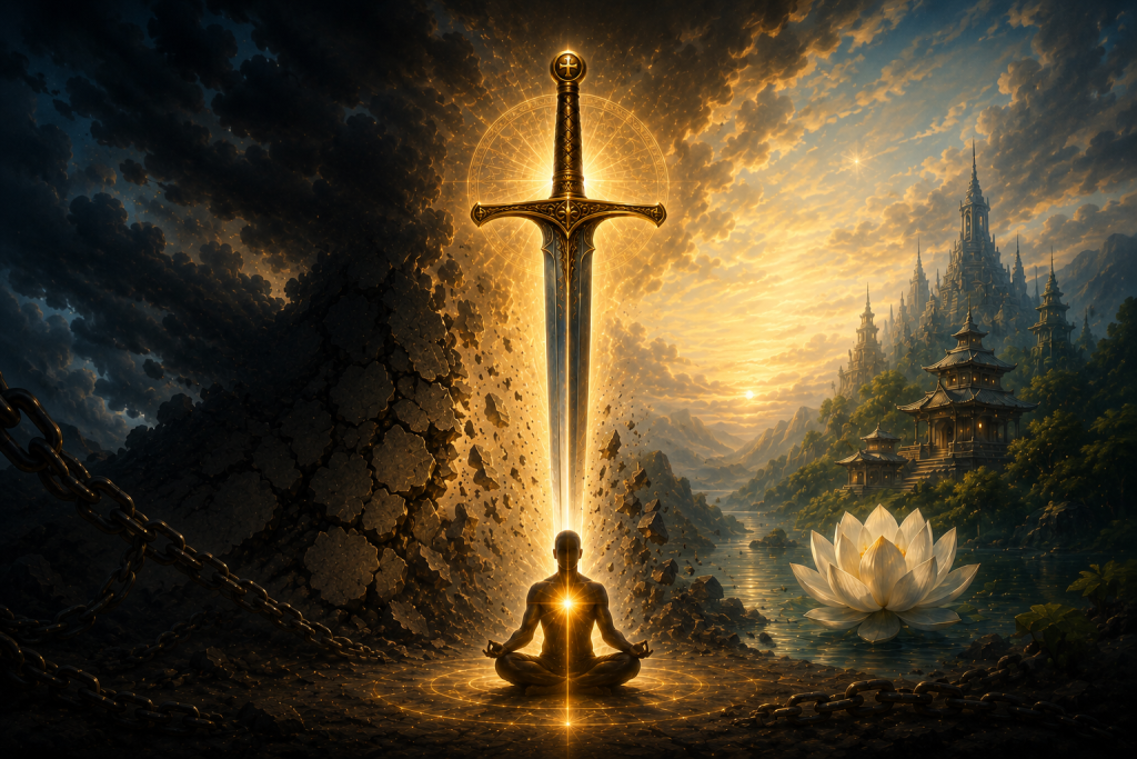 A large sword hovers over a meditating figure with images of Jesus and Buddha in the clouds and an ancient temple and lotus flower on the ground.