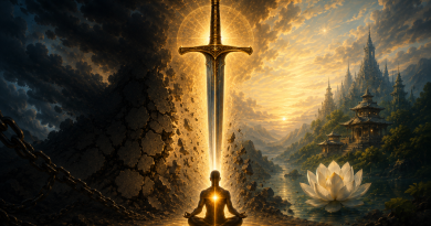 A large sword hovers over a meditating figure with images of Jesus and Buddha in the clouds and an ancient temple and lotus flower on the ground.