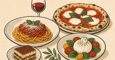 Illustration of Italian dishes.