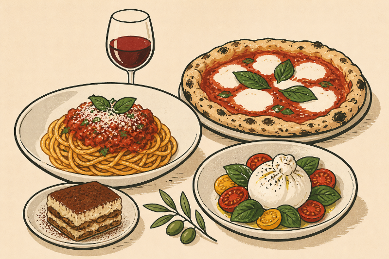 Illustration of Italian dishes.
