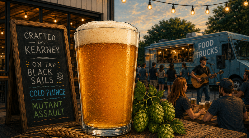 Beer pint with sign and food truck.