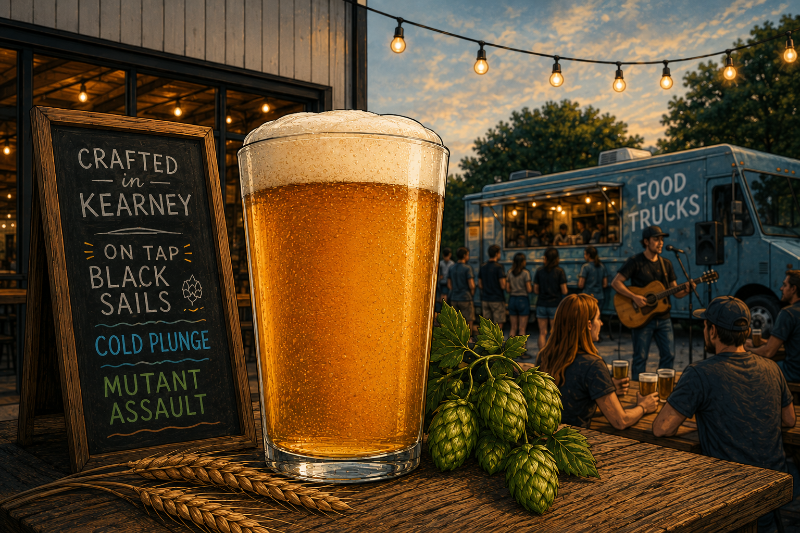 Beer pint with sign and food truck.