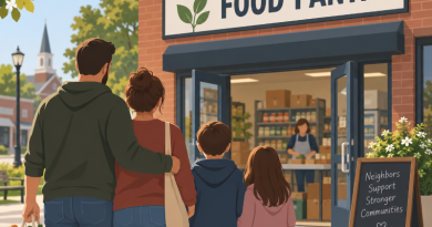 Family standing in front of food pantry.