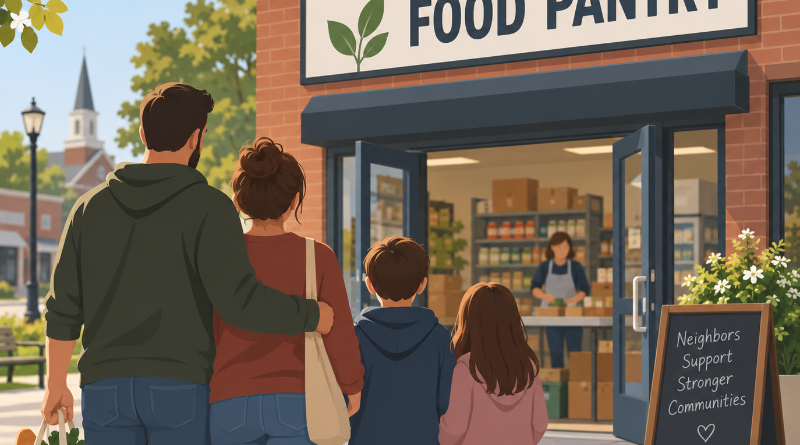 Family standing in front of food pantry.