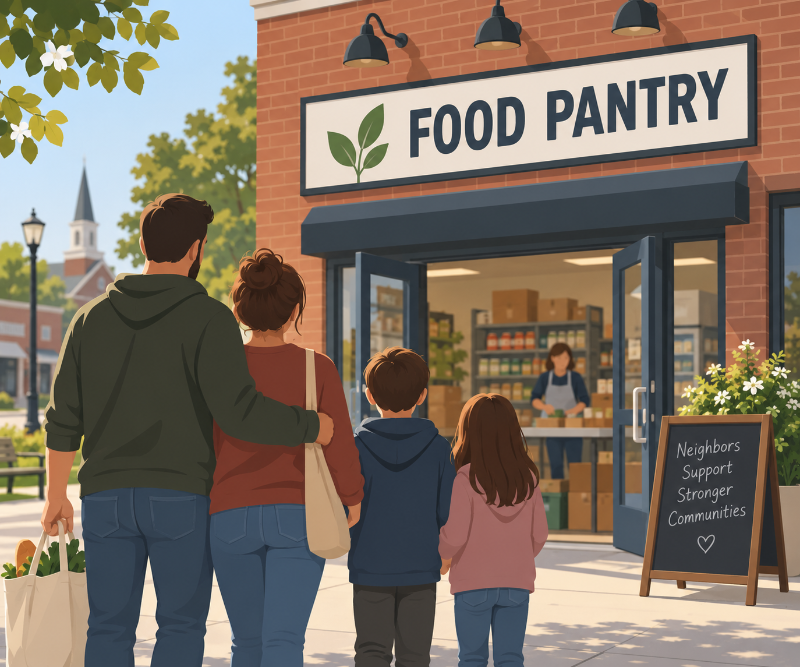 Family standing in front of food pantry.