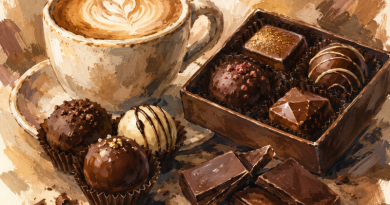 Chocolate candies and a cup of coffee.