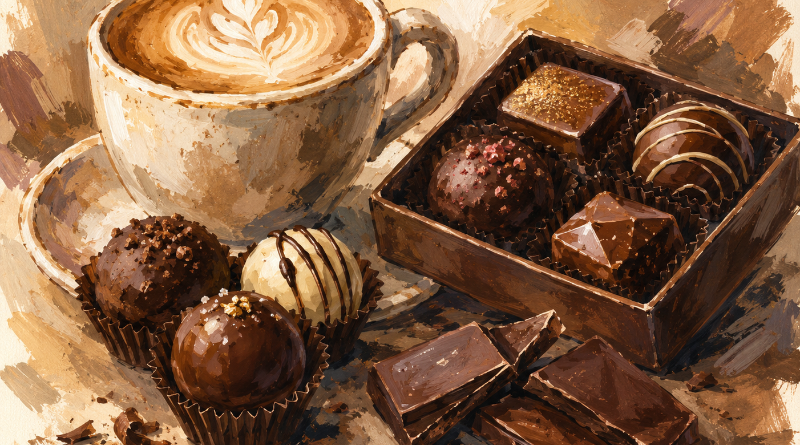 Chocolate candies and a cup of coffee.