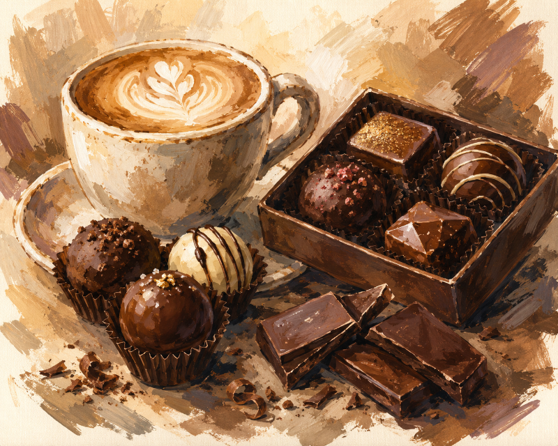 Chocolate candies and a cup of coffee.